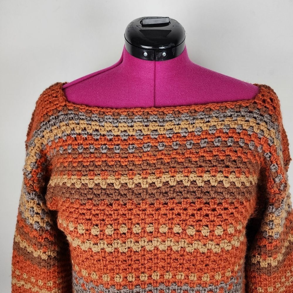 New Handmade Crochet Crop Sweater Boho Multicolor Striped Boat Neck Pullover OS - Picture 3 of 15